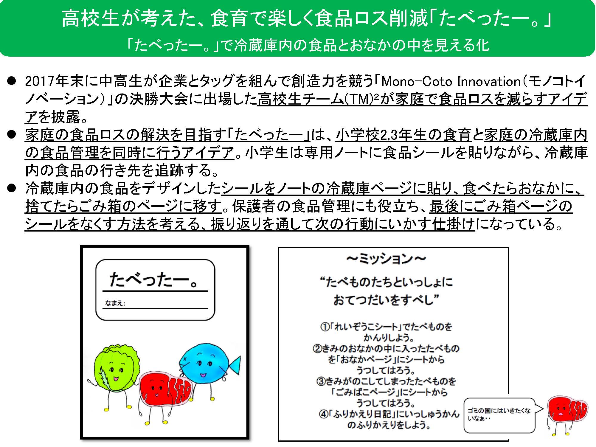 高校生が考えた、食育で楽しく食品ロス削減「たべったー。」　「たべったー。」で冷蔵庫内の食品とおなかの中を見える化